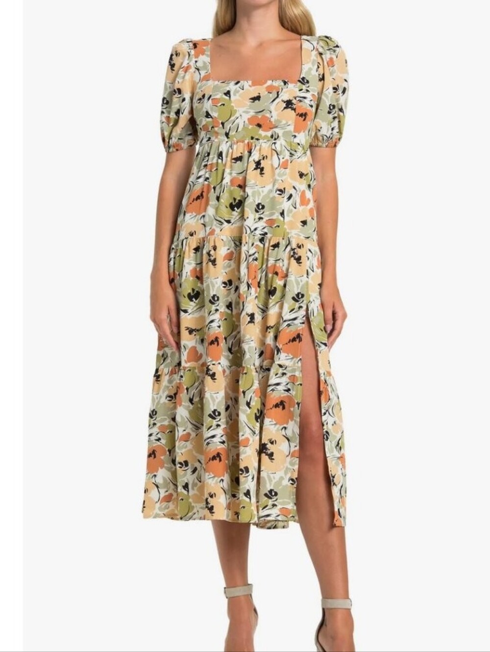 Astr Floral Tiered Dress in Mustard, Olive & Orange